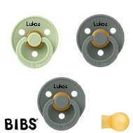 BIBS Colour Schnuller mit Namen, Gr. 2, 2 Pine, 1 Pistachio, Rund Latex, 3'er Pack